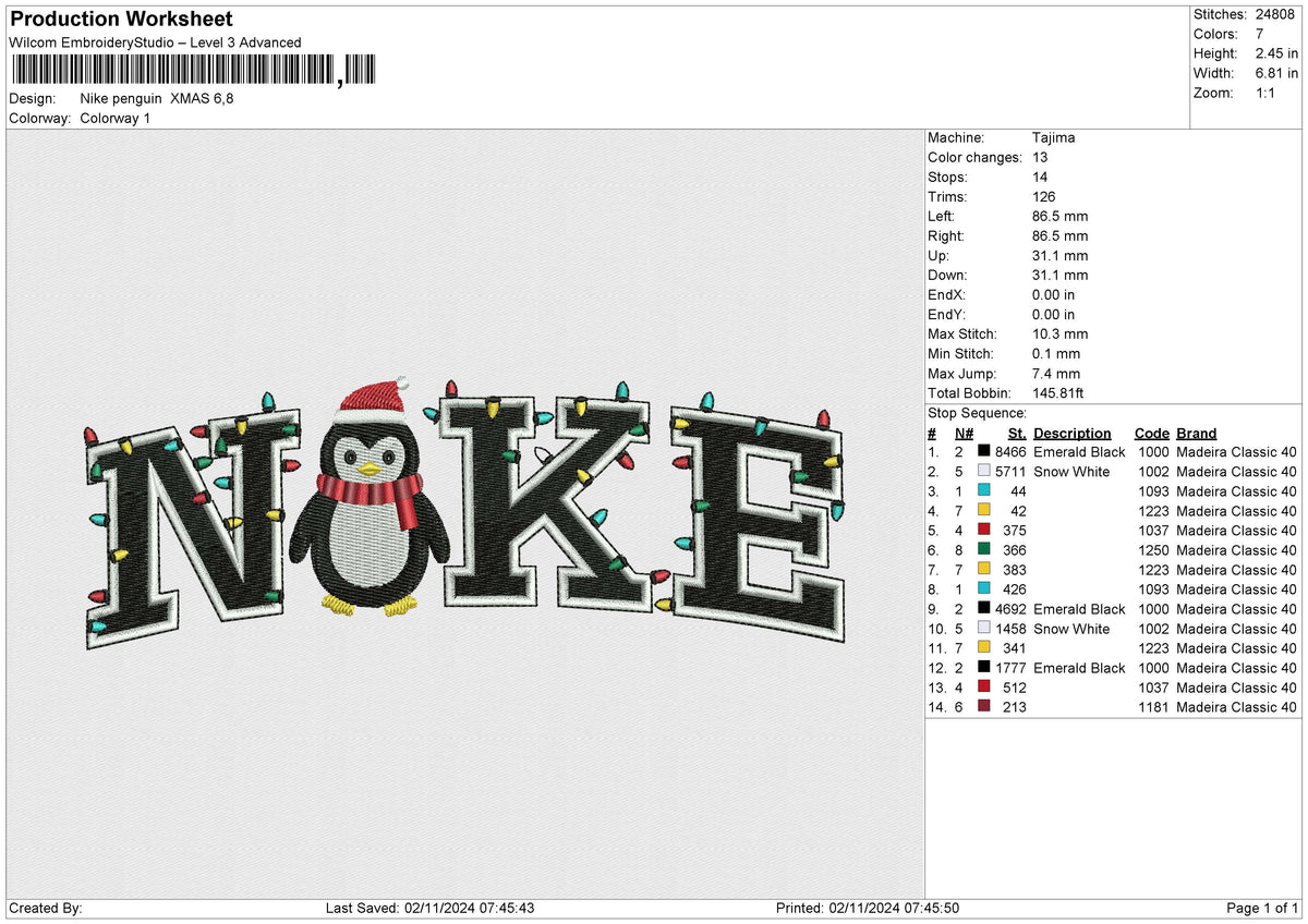 Nike penguin XMAS Embroidery File 6 size