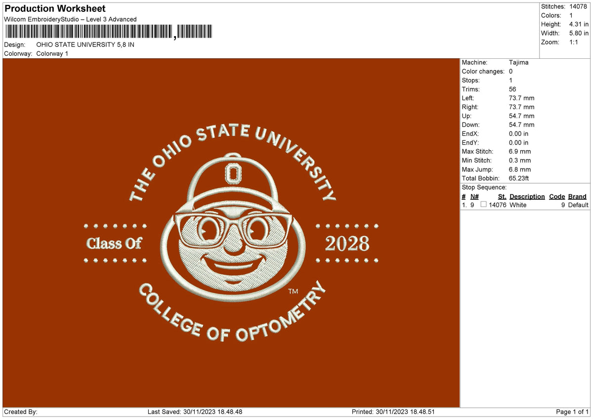Ohio Univ Embroidery File 6 sizes