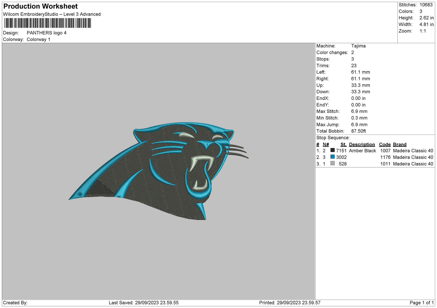 Panthers Embroidery File 6 sizes
