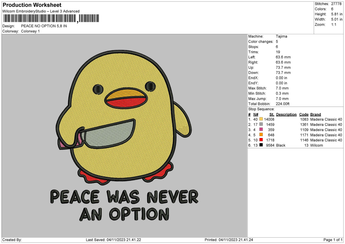 Peace Duck Embroidery File 6 sizes