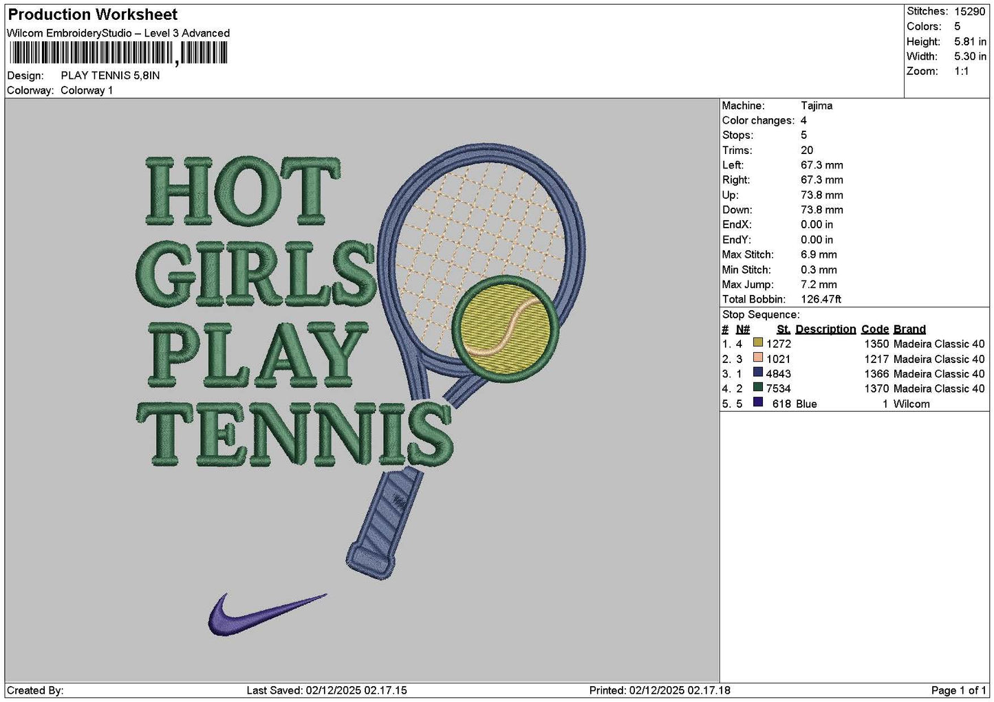 Tennistext 0212 Embroidery File 6 sizes