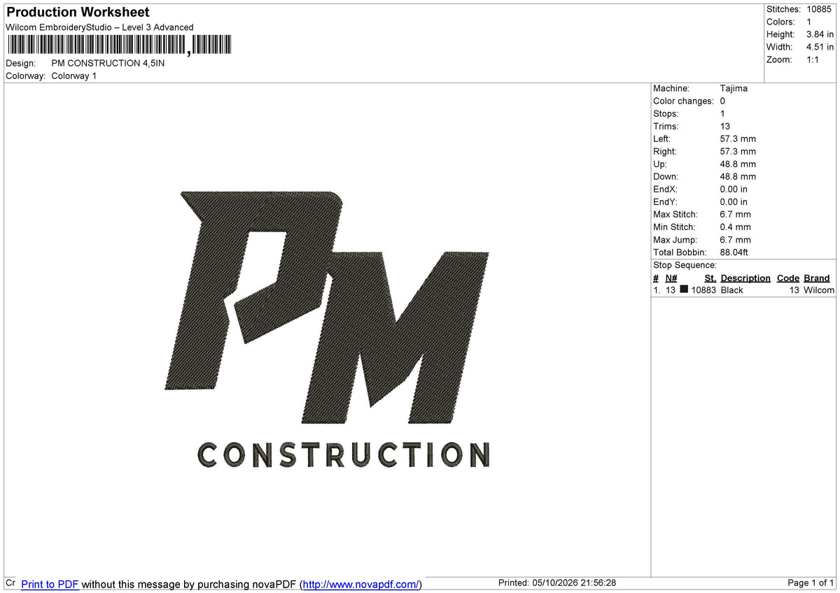PM CONSTRUCTION Embroidery File 6 sizes