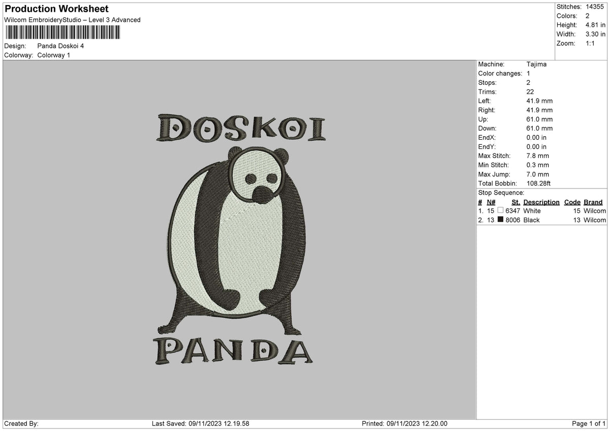 Panda D Embroidery File 6 sizes