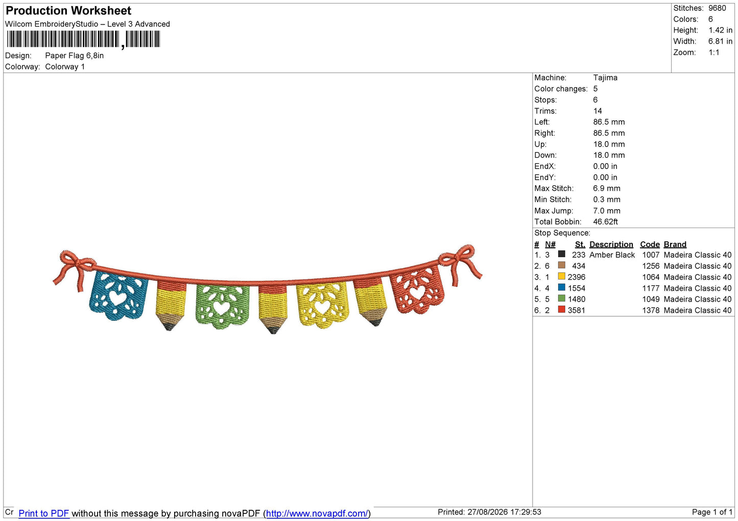 Paper Flag Embroidery File 6 size
