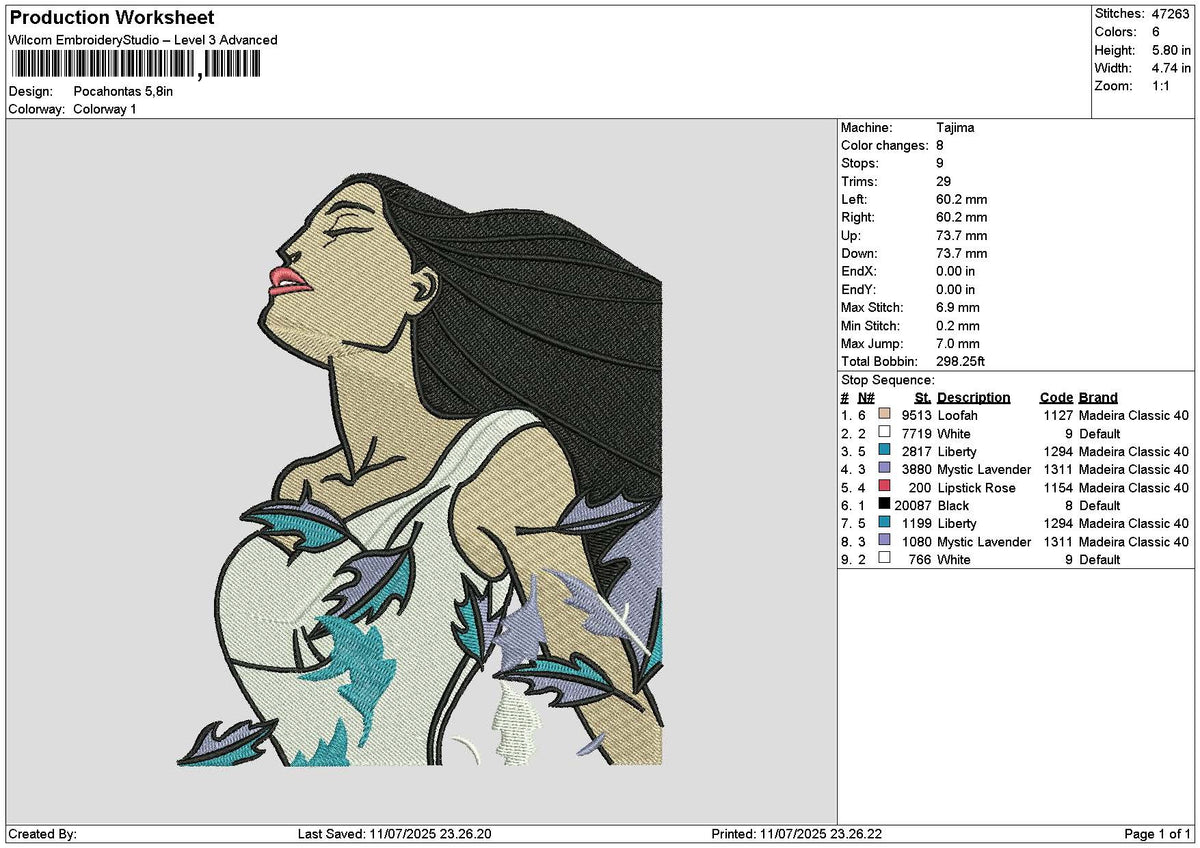 Pocahontas 01 Embroidery File 6 sizes