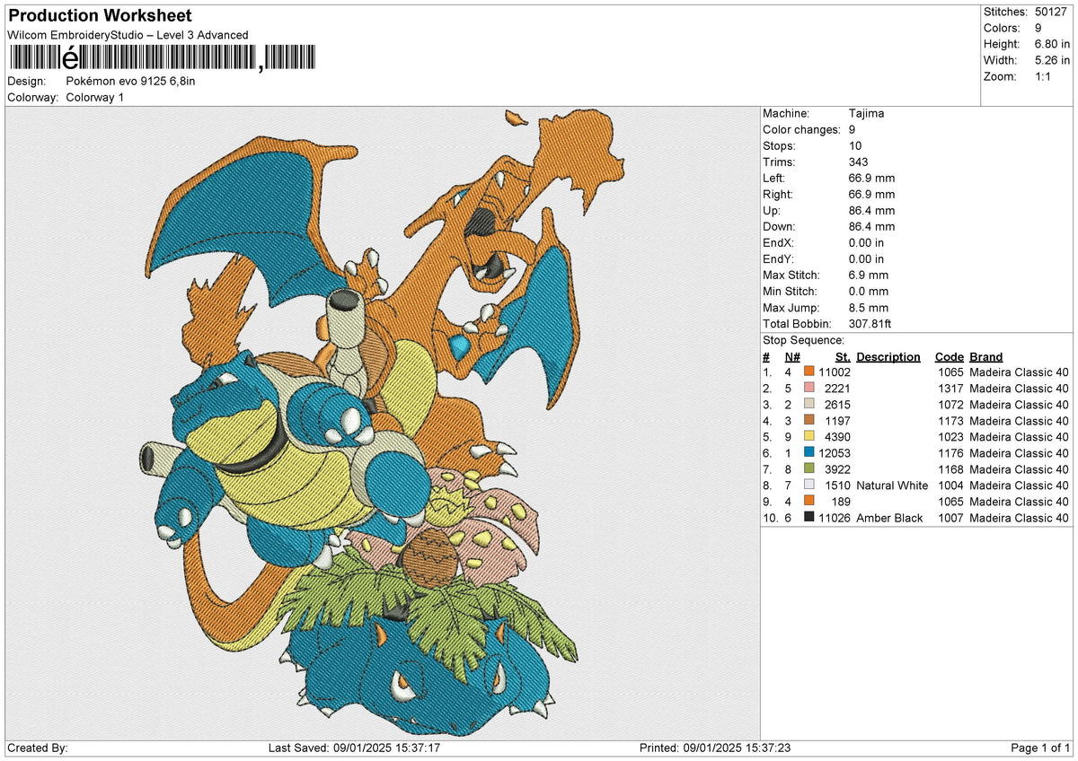 Pokémon evo 9125 Team Embroidery File 6 size
