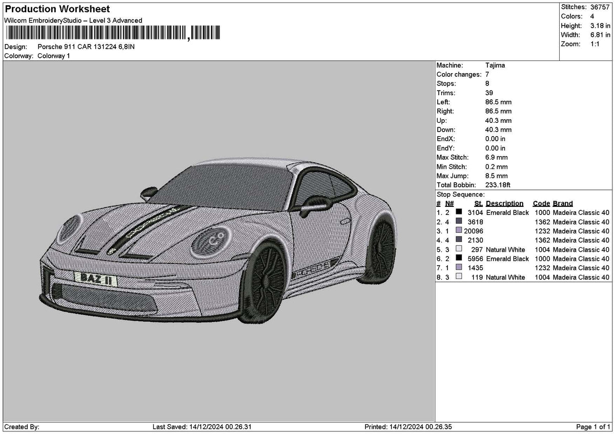 Car 1412a Embroidery File 6 sizes