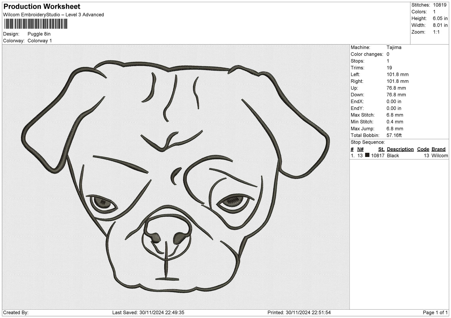 Pugglee Embroidery File 6 size