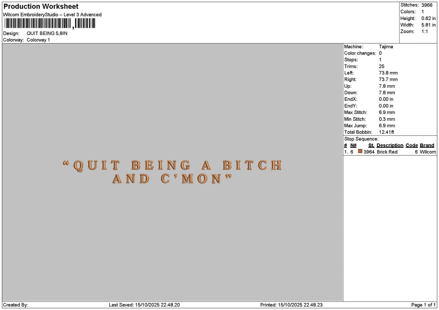 Quittext Embroidery File 6 sizes