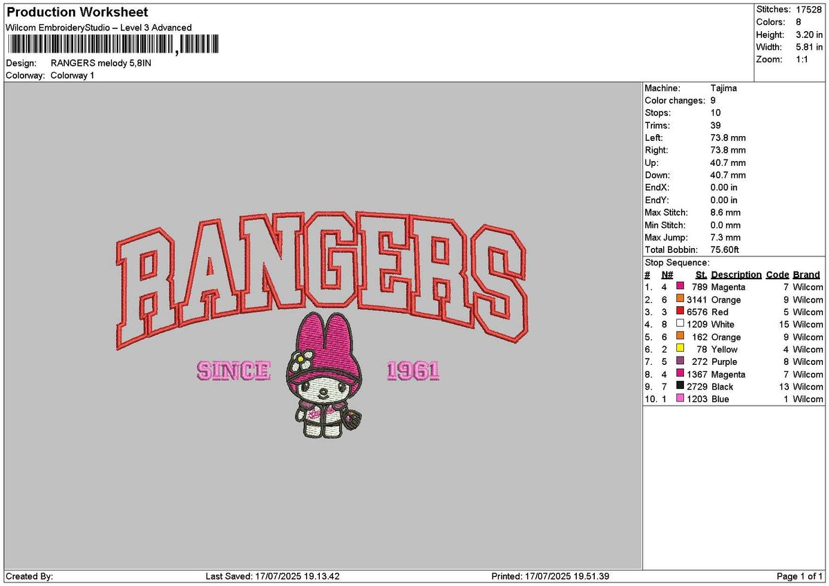 Rangerstext Melo Embroidery File 6 sizes