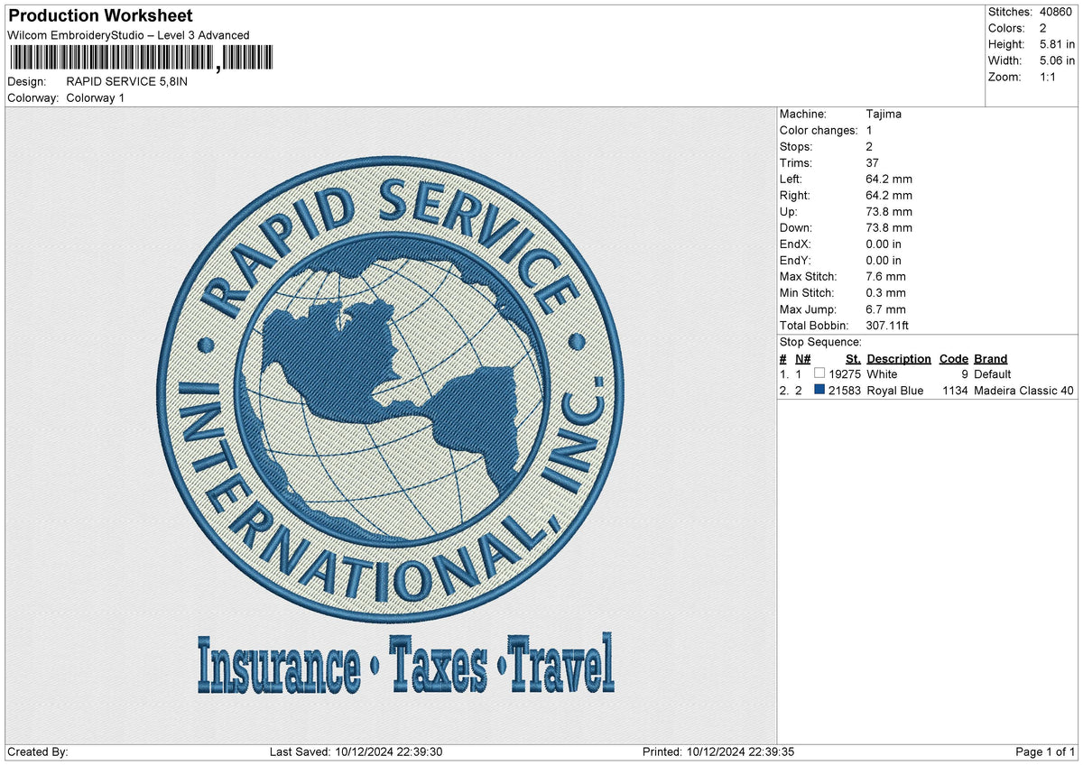 RAPID SERVICE Embroidery File 6 size