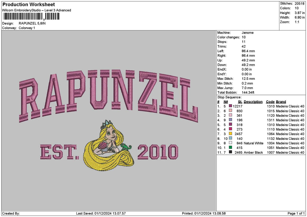 Rapunzeltext0112 Embroidery File 6 sizes