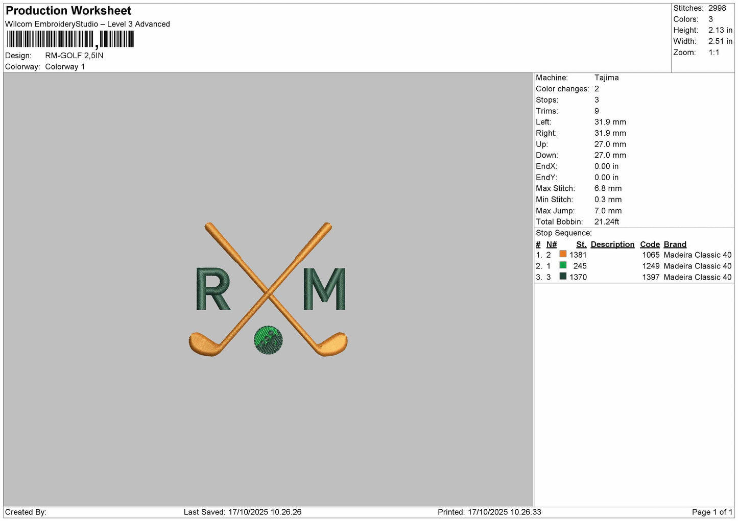 RM_GOLF Embroidery File 4 sizes