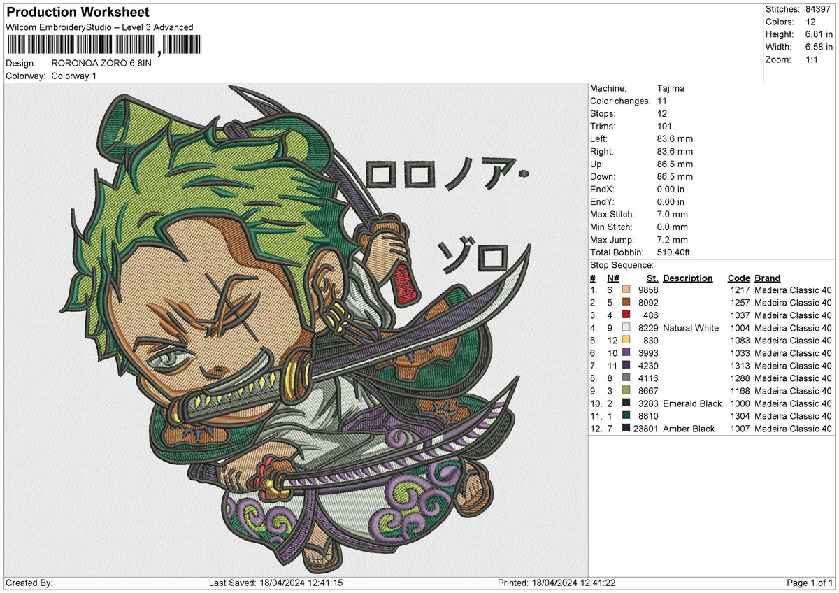 RORONOA ZORO Embroidery File 6 size