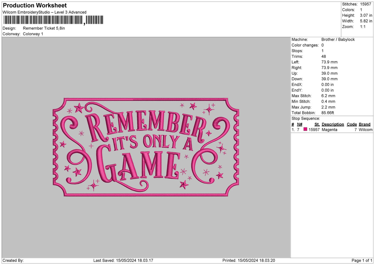Ticket1505 Embroidery File 6 sizes