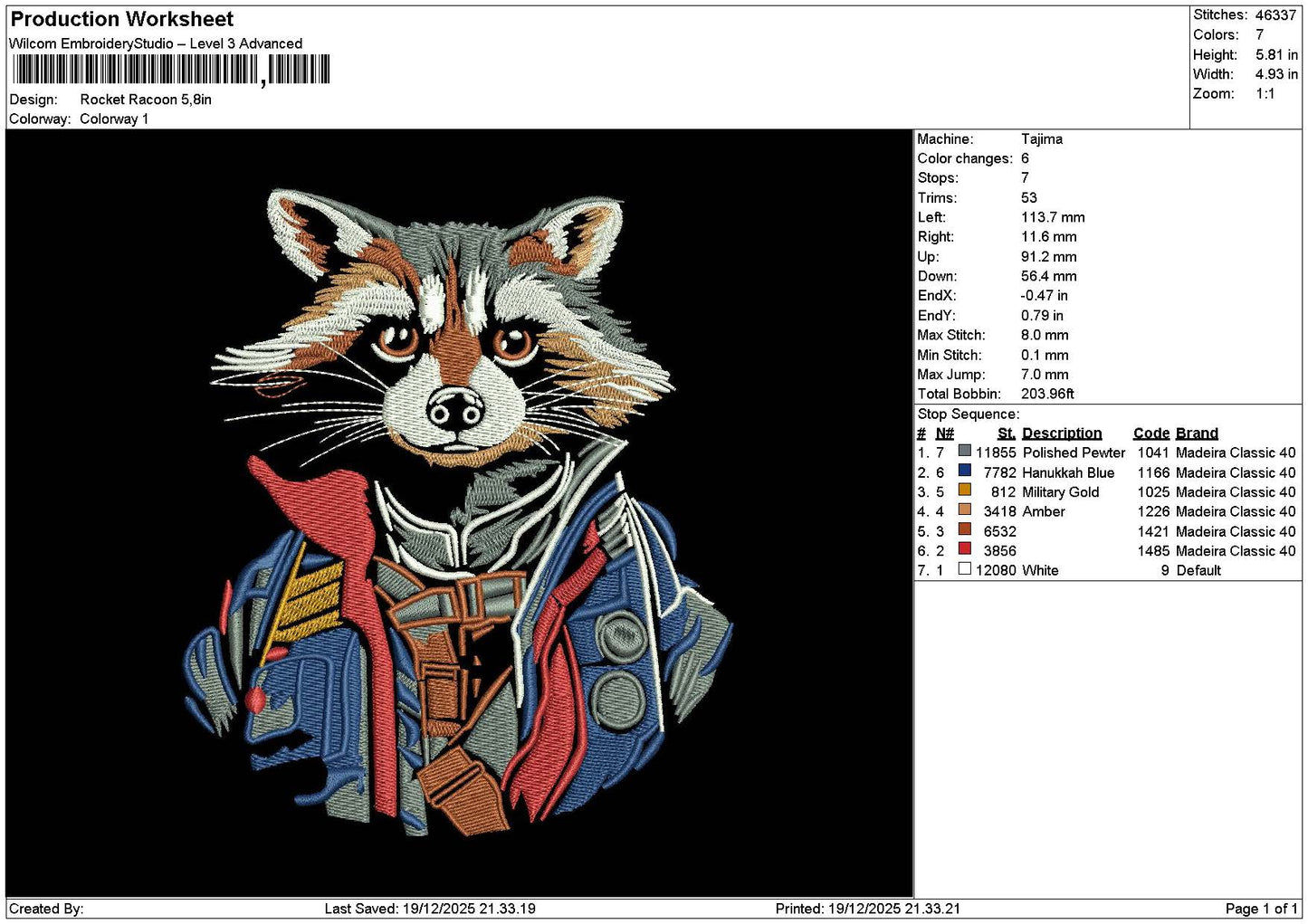 Racoon1912 Embroidery File 6 sizes