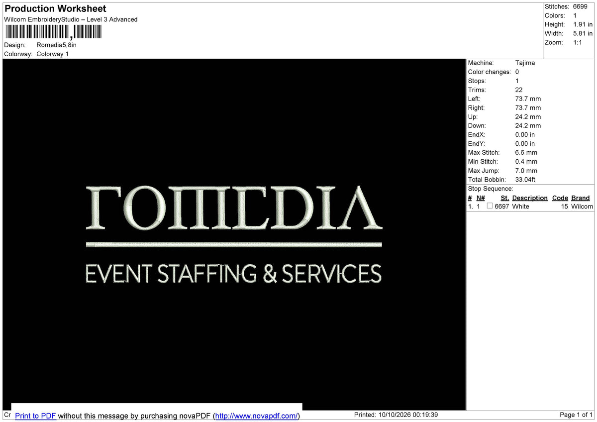 Romedia Embroidery File 6 sizes