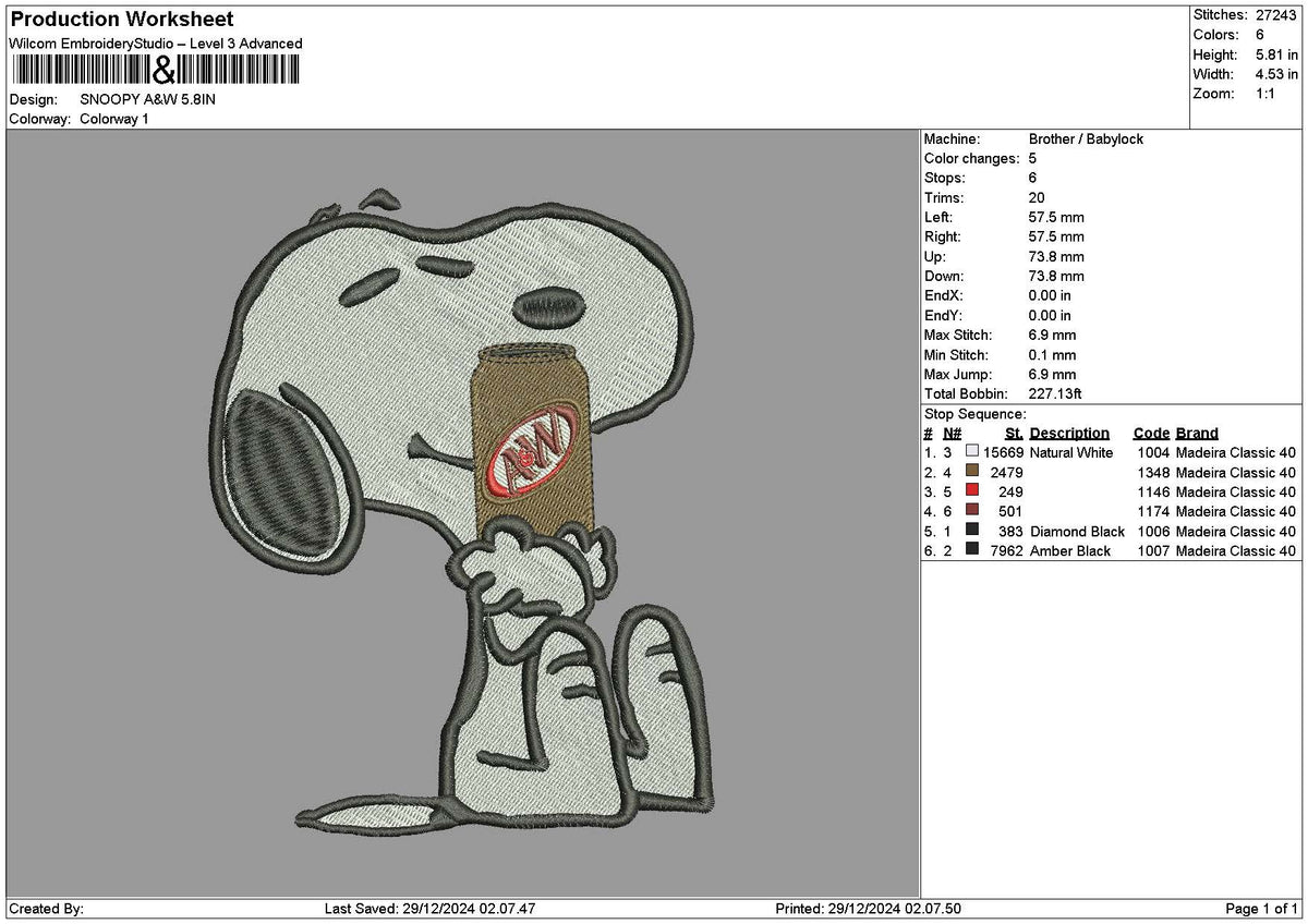 Snoopy Anw Embroidery File 6 sizes