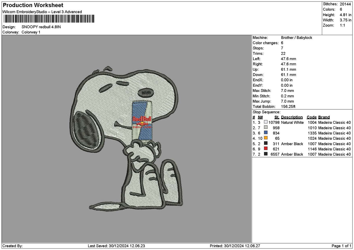 Snoopy Redbull 03 Embroidery File 6 sizes