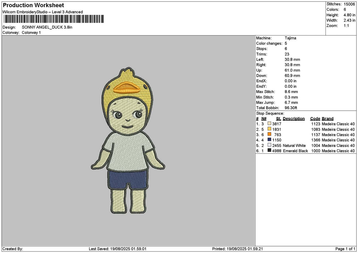 Sonny Duck Embroidery File 6 sizes