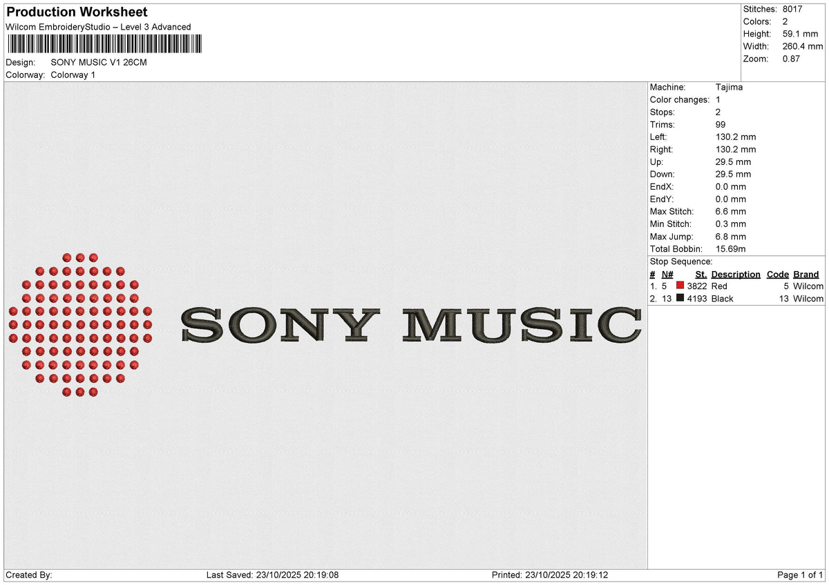 SONY MUSIC V1 Embroidery File 6 size