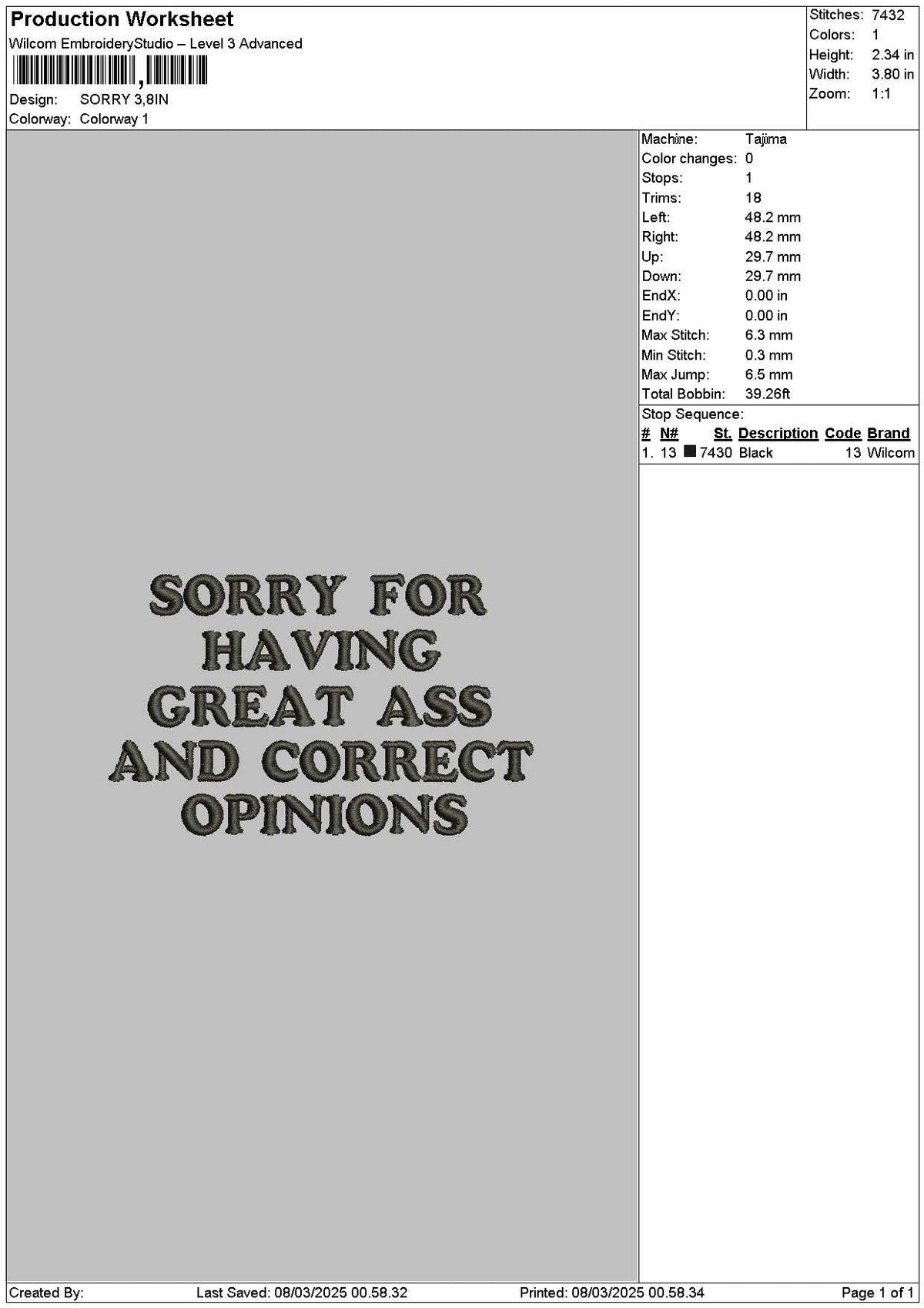 Sorrytext Embroidery File 6 sizes