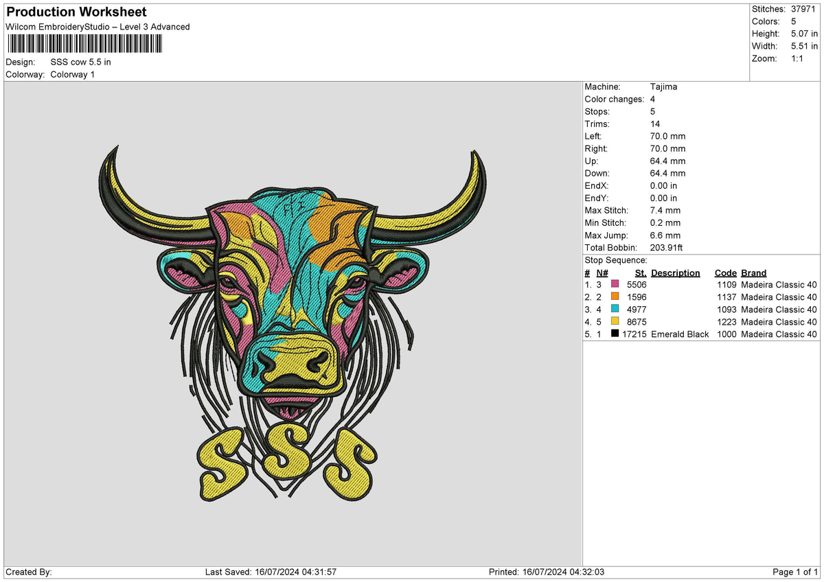 SSS Cow Embroidery File 6 size