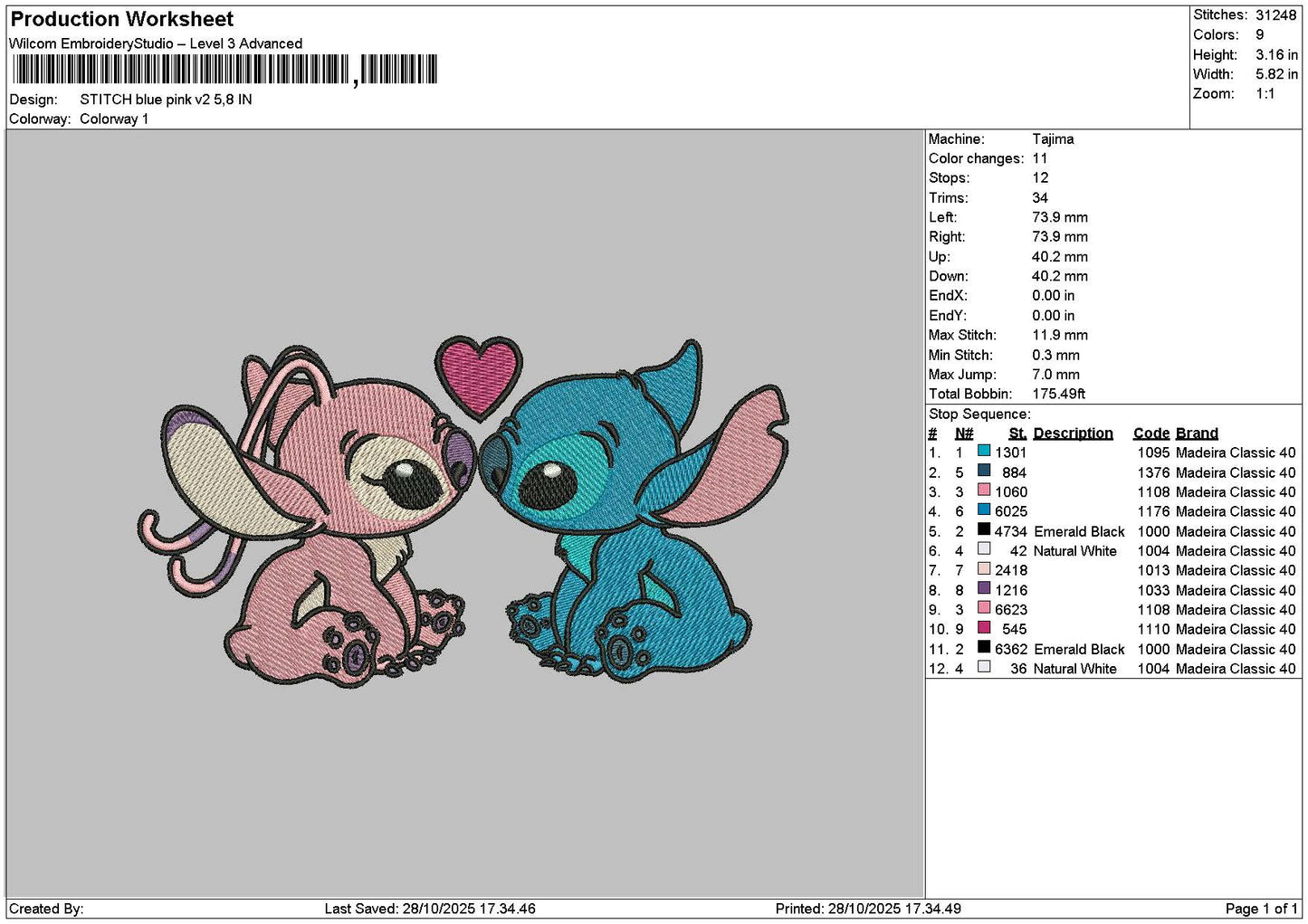 Stitch Blue Pink V2 Embroidery File 6 sizes