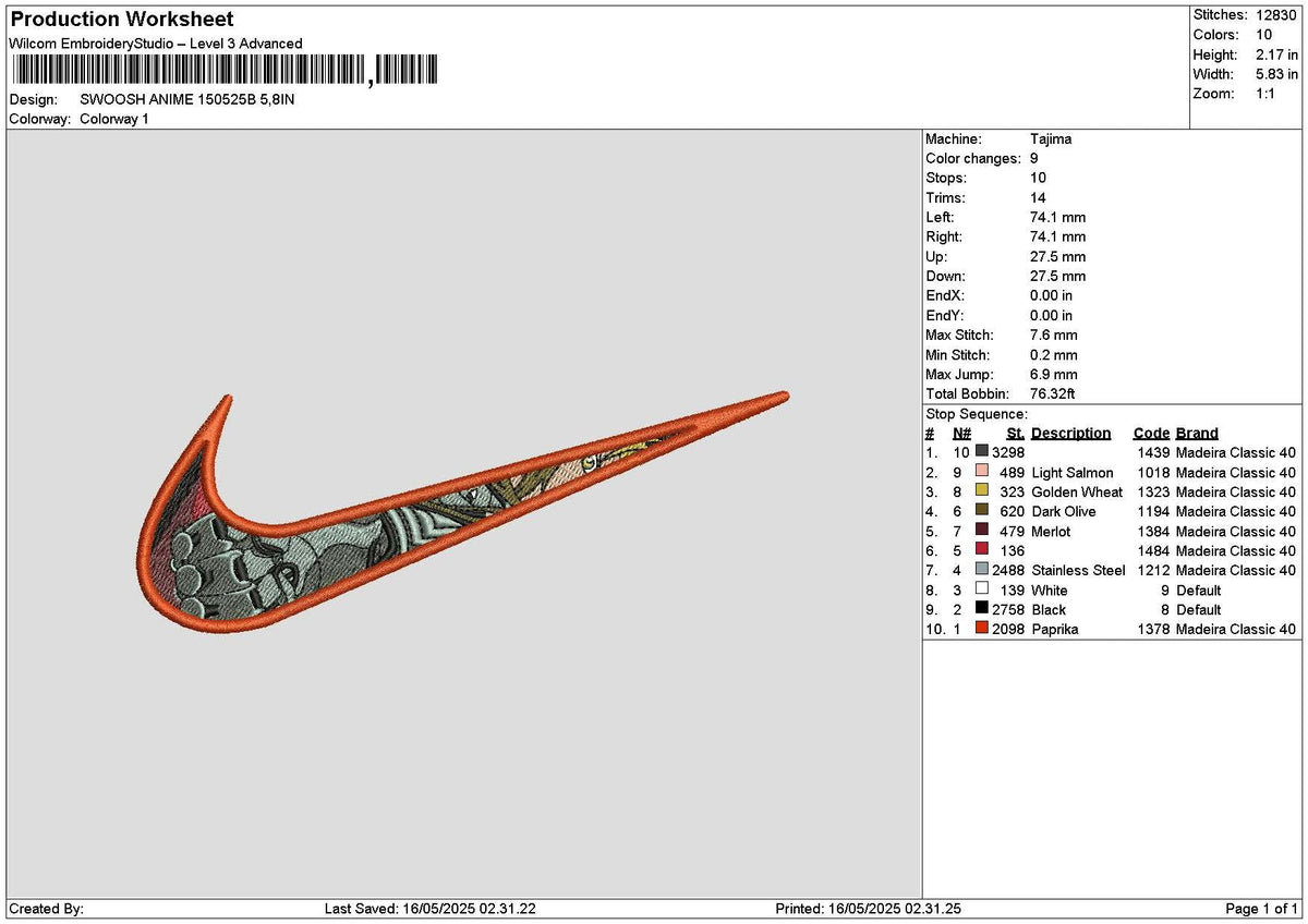 Swoosh Anime 1505b Embroidery File 6 sizes