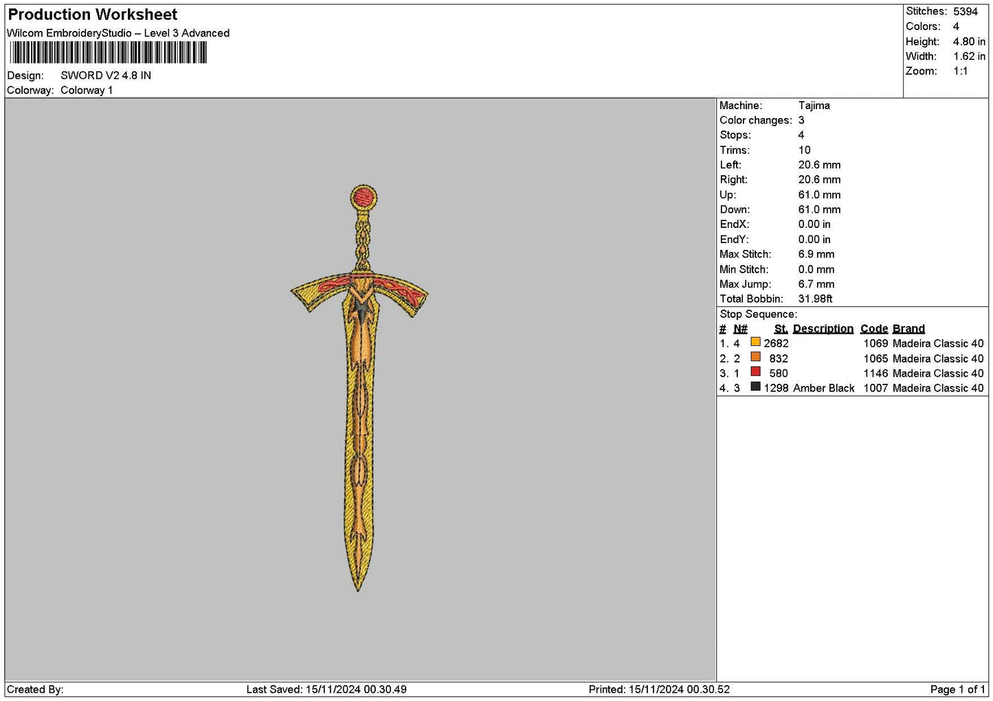 Sword V2 Embroidery File 6 sizes