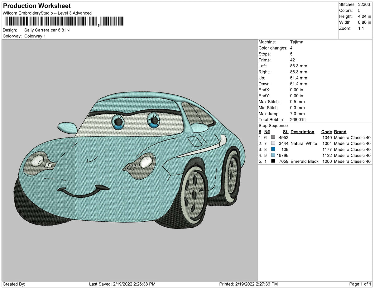Sally Carrera cars Embroidery