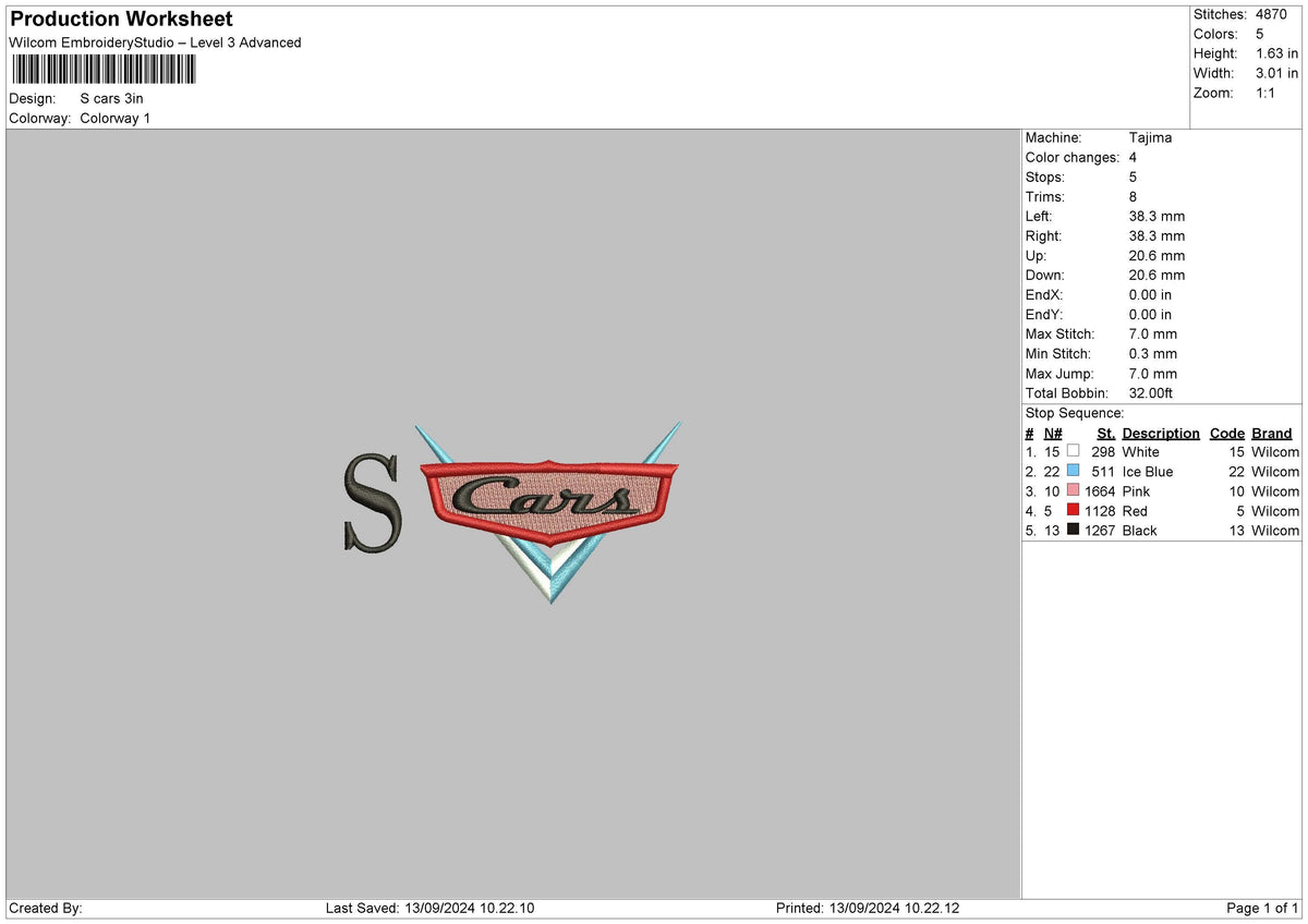 S Cars Embroidery File 6 sizes
