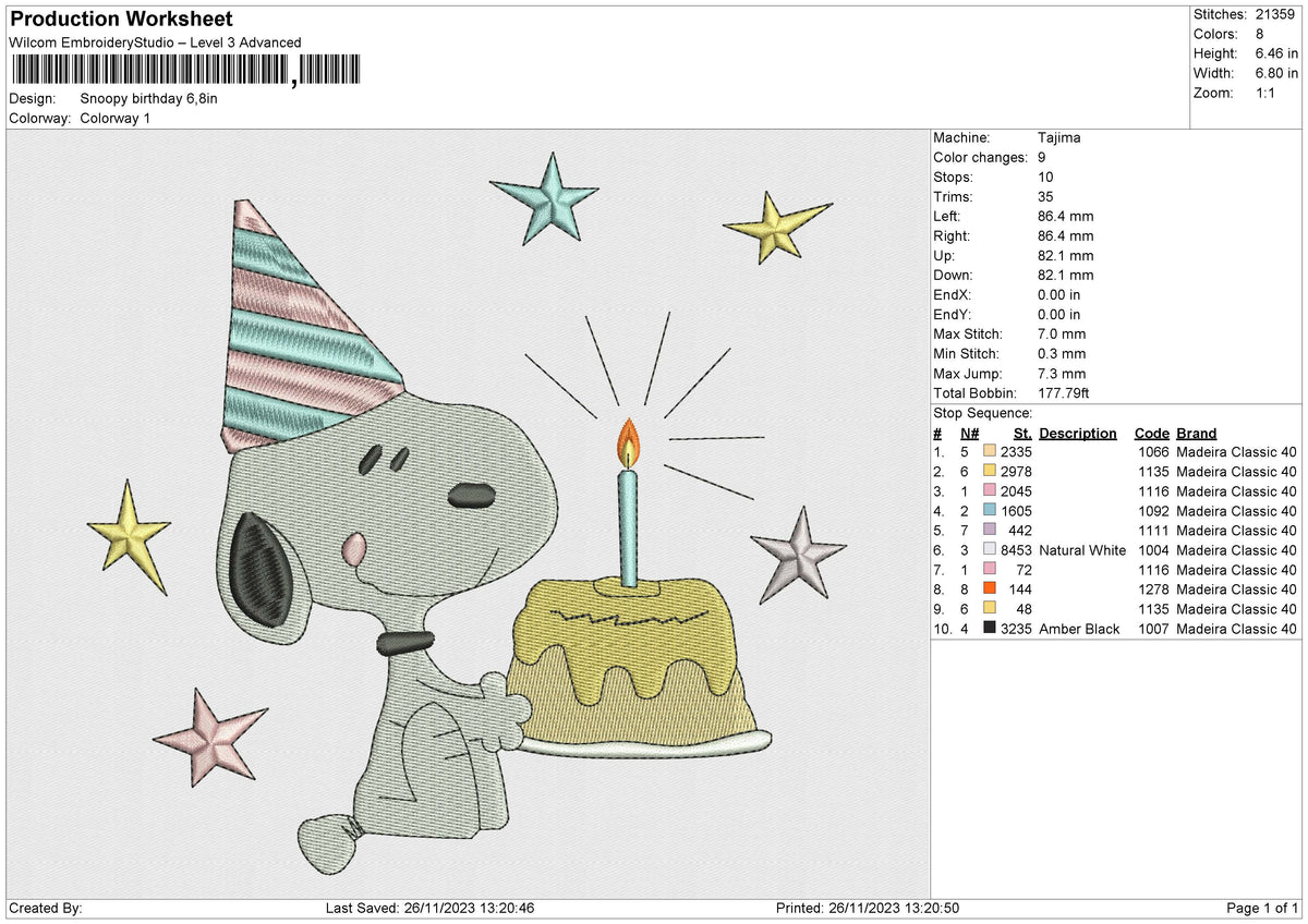Snoopy Birthday Embroidery File 6 size