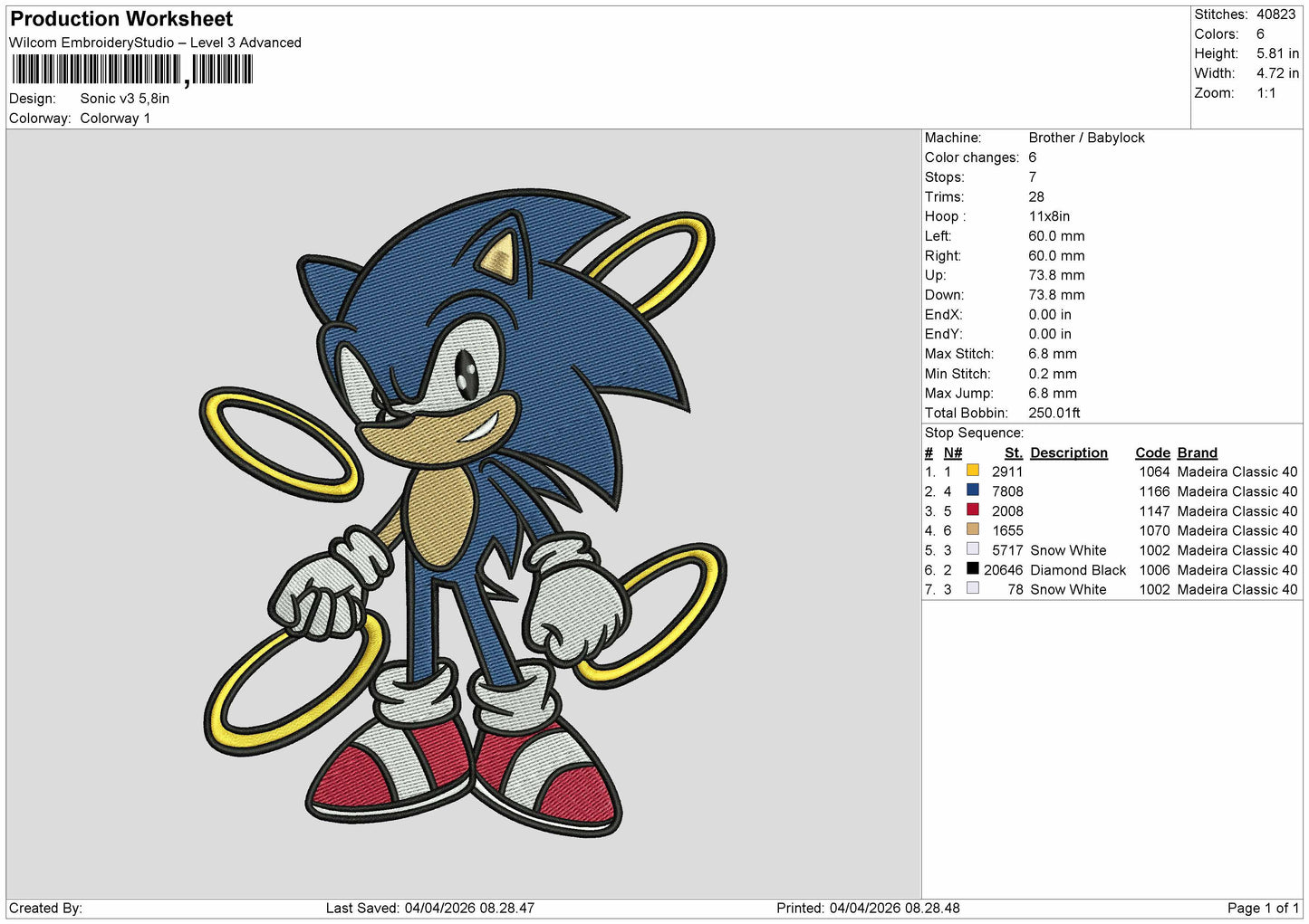 Sonic v3 Embroidery File 6 sizes