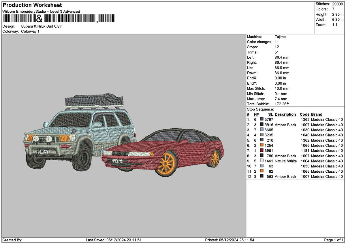 2 Cars 0512 Embroidery File 6 sizes