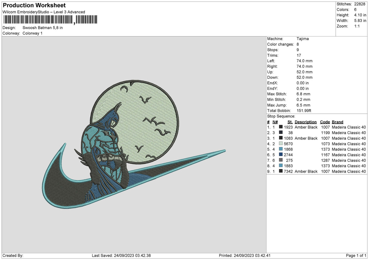 Swoosh Batman 23 Embroidery File 6 sizes
