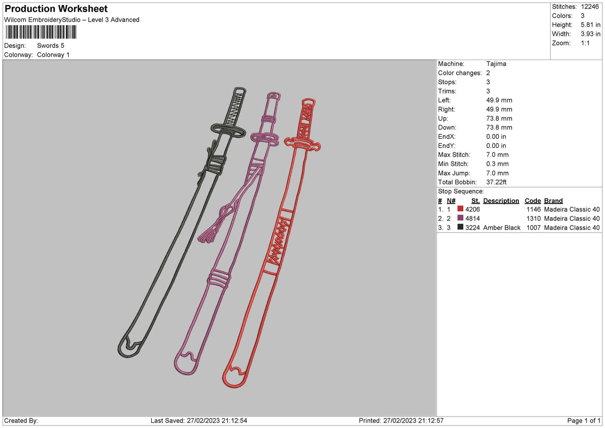 3 Swords Embroidery File 6 sizes