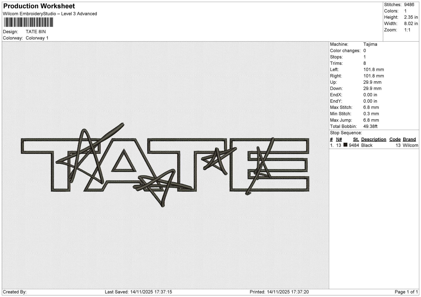 TATE Embroidery File 4 size