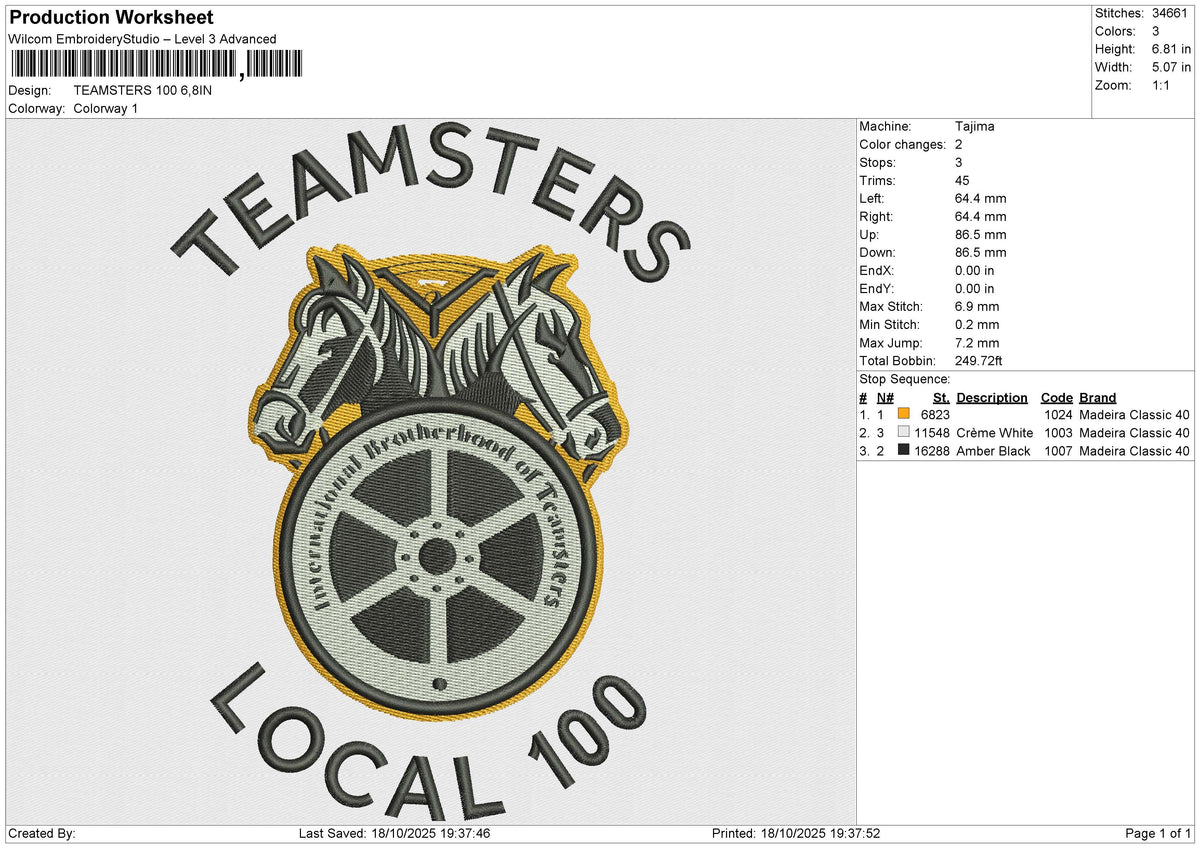 TEAMSTERS 100 Embroidery File 6 sizes