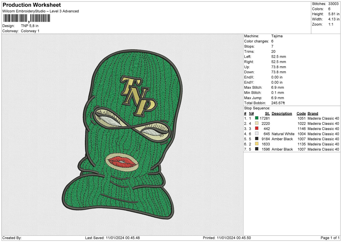 Green Mask Embroidery File 6 sizes