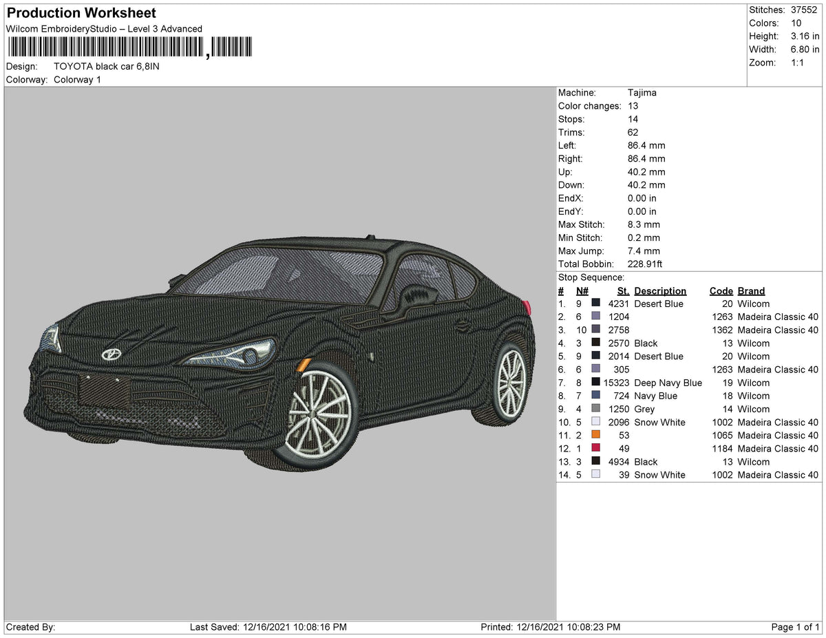 TOYOTA black car Embroidery