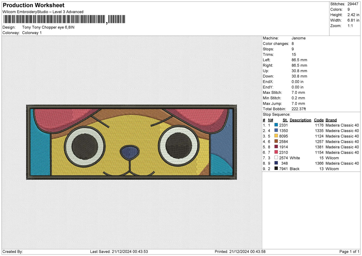 Tony Tony Chopper Eye Embroidery File 6 size
