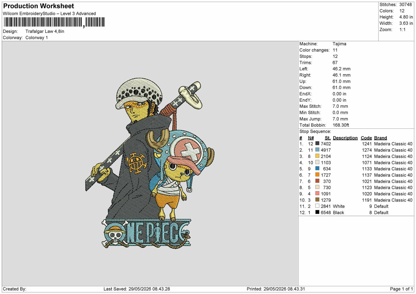 TRAFALGAR LAW Embroidery Machine Design File