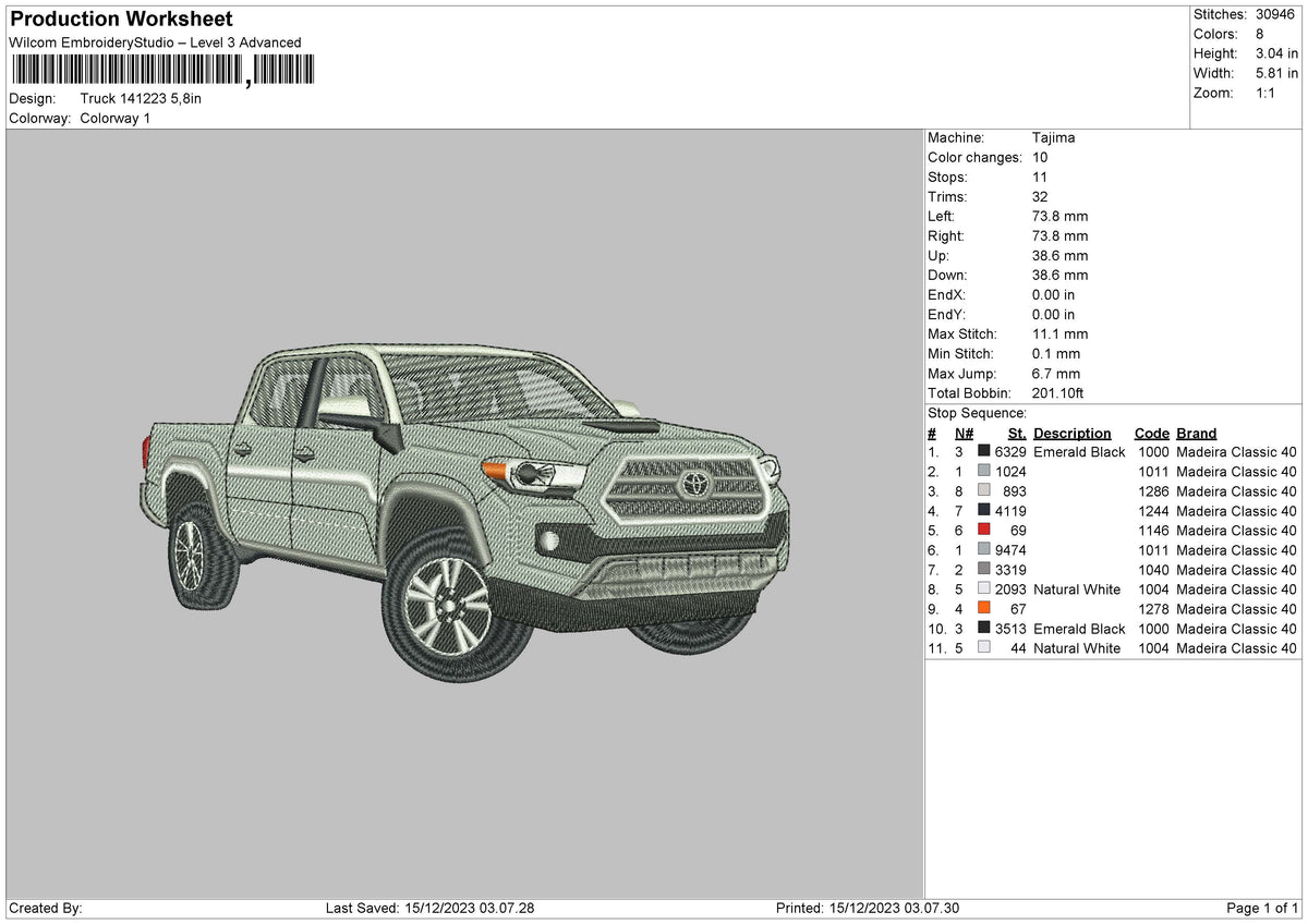 Truck 1412 Embroidery File 6 sizes
