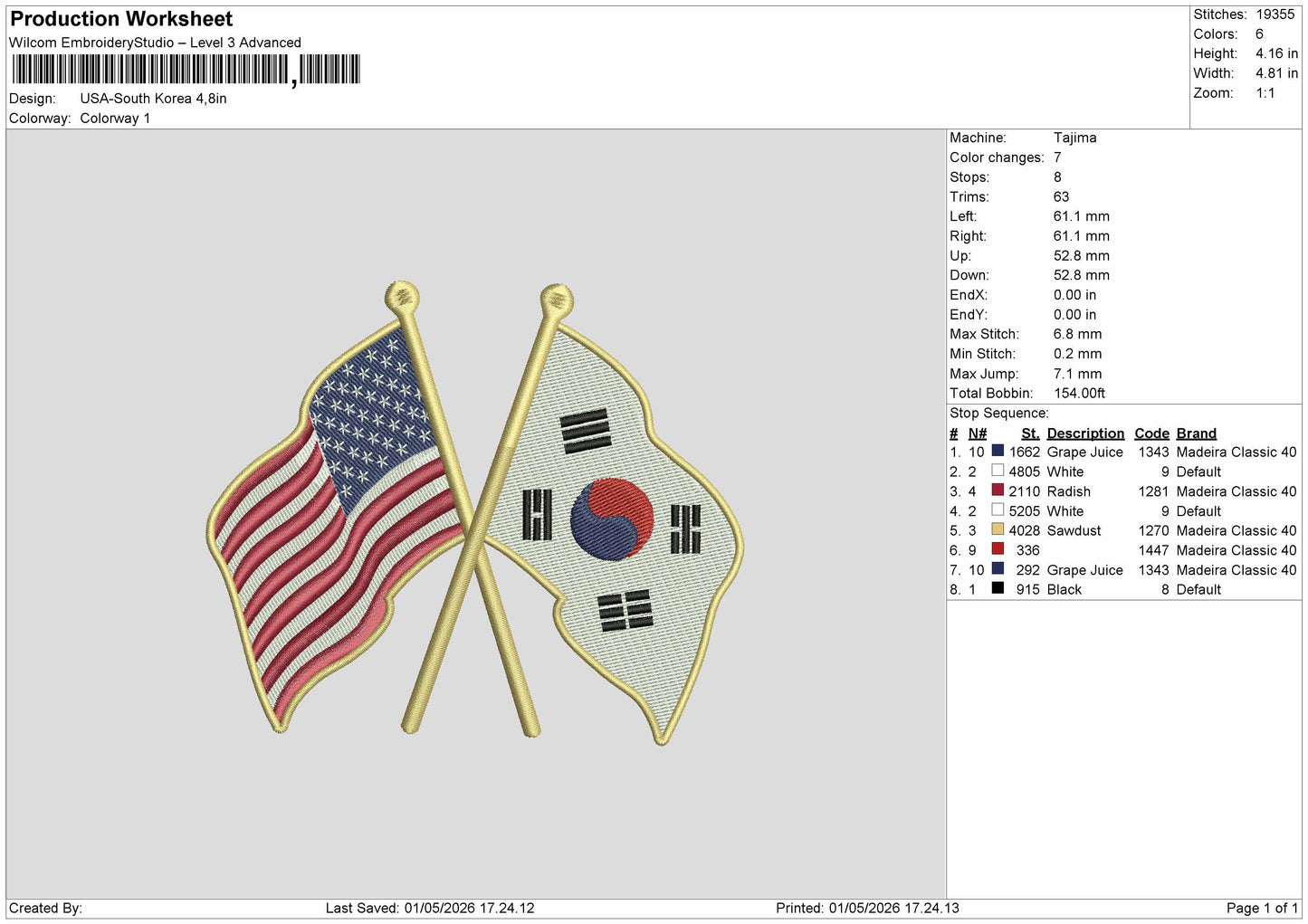USA - SOUTH KOREA Embroidery File 6 sizes