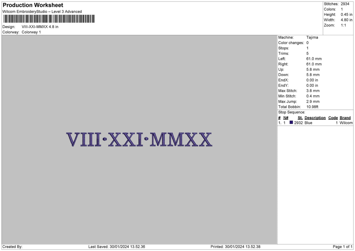 Roman3024 Embroidery File 6 sizes