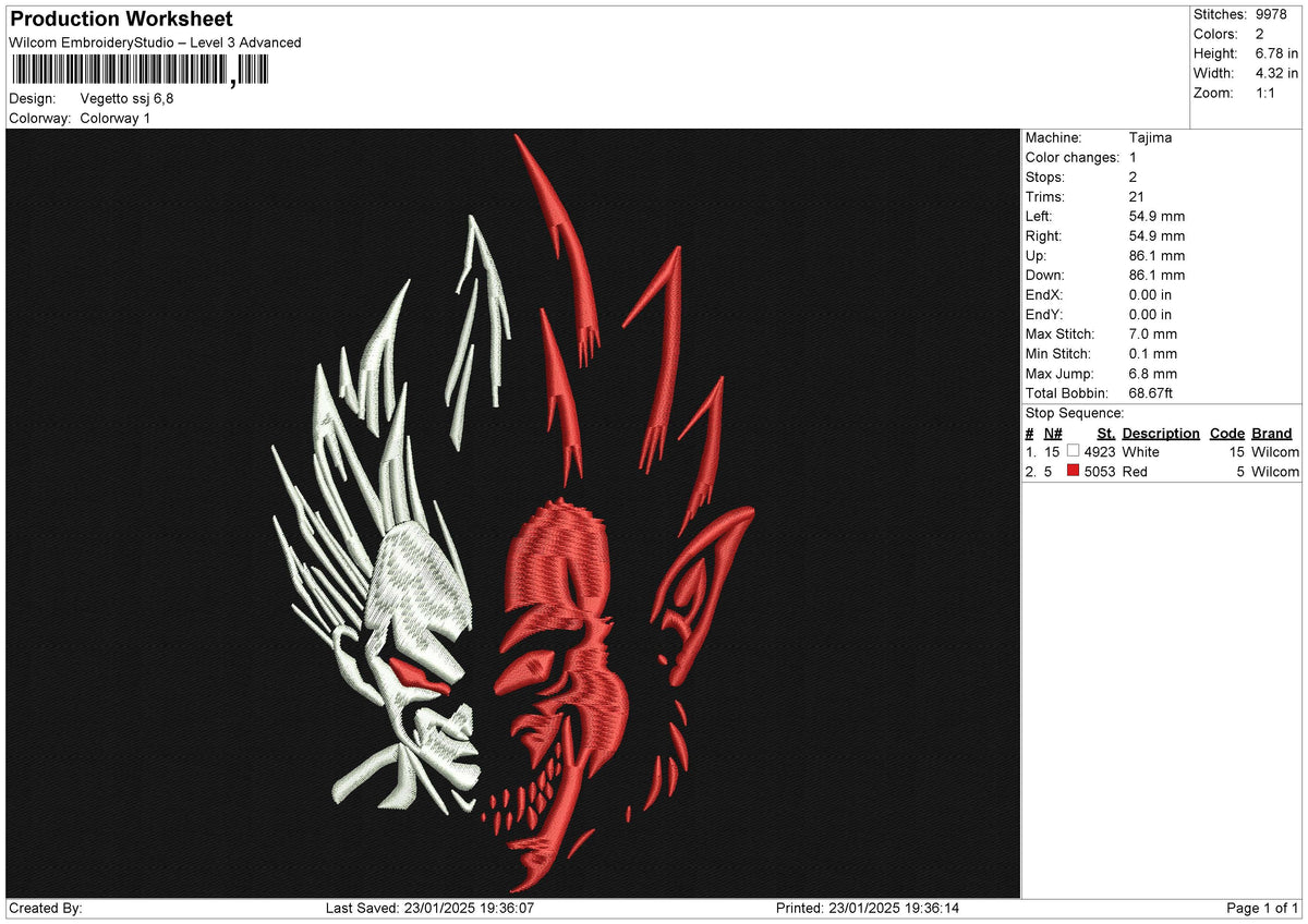 Vegetto ssj3 Embroidery File 6 size