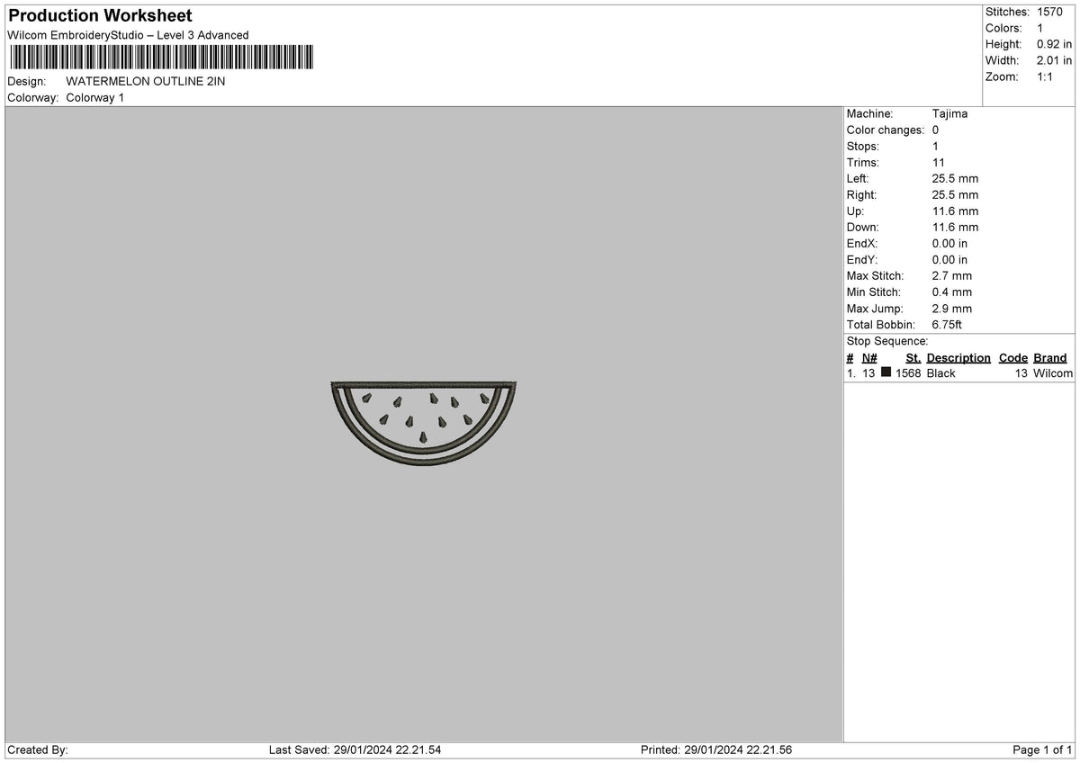 Watermelon Outline Embroidery File 6 sizes