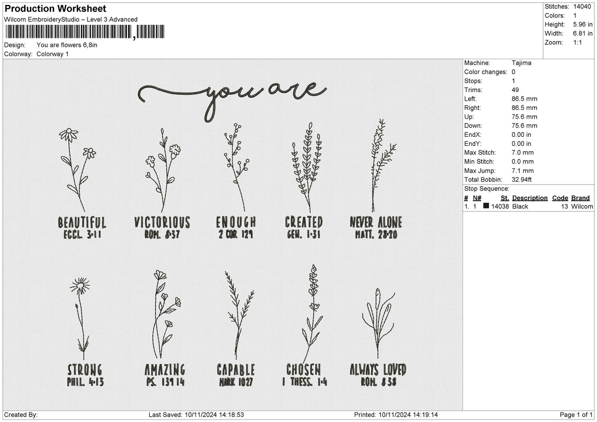 You are flowers Embroidery File 6 size