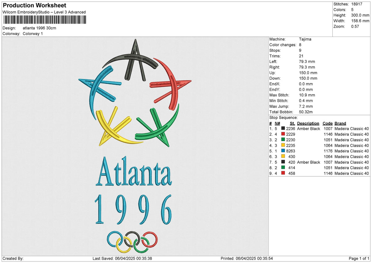 Atlanta 1996 Embroidery File 6 size